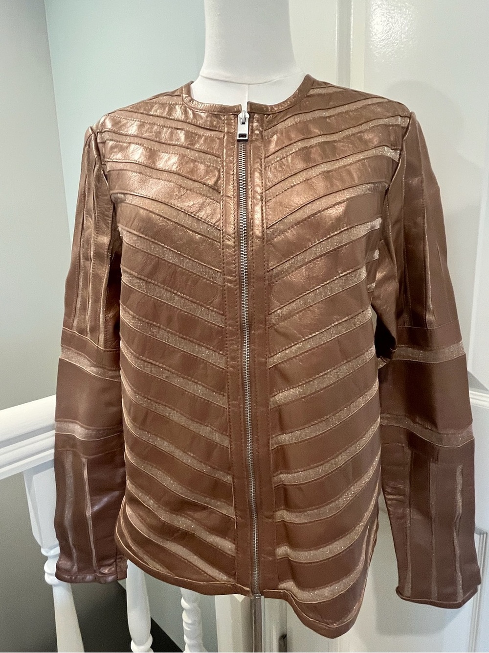 Mauritius Leather Metallic Bronze Lambskin Moto Jacket Sz XL Striped Panel